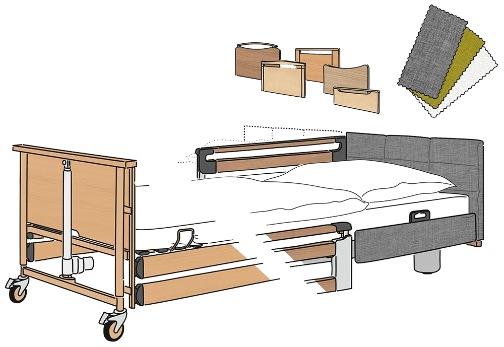 Desenho técnico das camas de cuidados Dali e Regia, mostrando dimensões e detalhes de construção