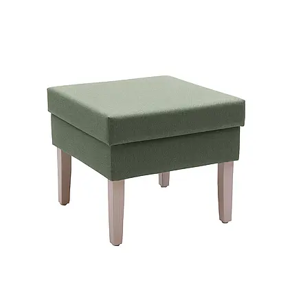 Luna upholstered stool with green fabric cover and wooden legs