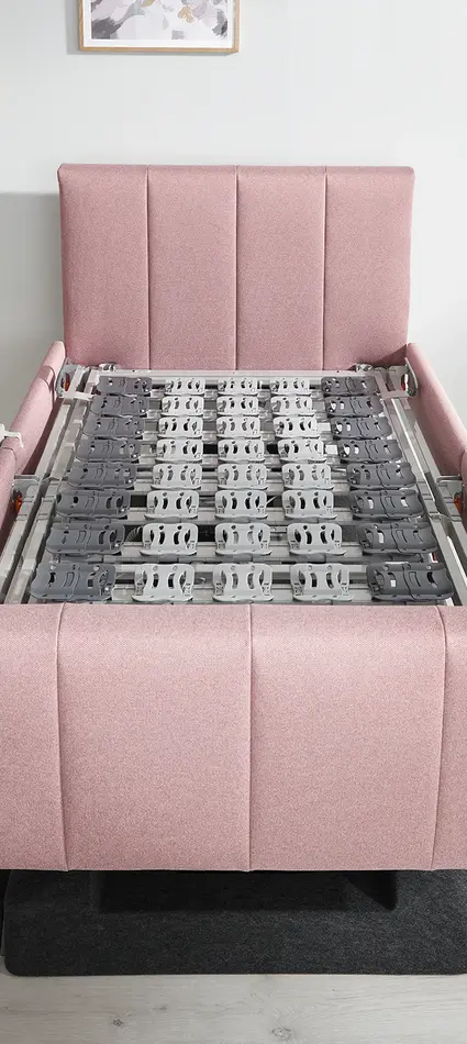 Het Libra - variant deluxe lifestylebed zonder matras, met links en rechts de verlenging van de bedbreedte op de lattenbodem aan het hoofd- en voeteneinde.