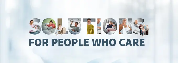 Campaign motif with the slogan "Solutions for People Who Care", designed from image excerpts of people in nursing care, health and life situations against a bright, soft background.