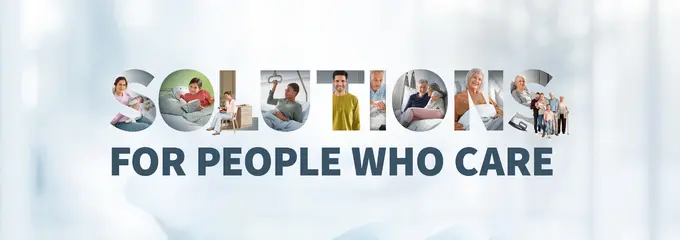 Kampagnenmotiv mit dem Schriftzug „Solutions for People Who Care“, gestaltet aus Bildausschnitten von Menschen in Pflege-, Gesundheits- und Lebenssituationen vor hellem, weichem Hintergrund.
