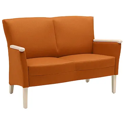 Luna two-seater sofa in orange with light-coloured wooden legs
