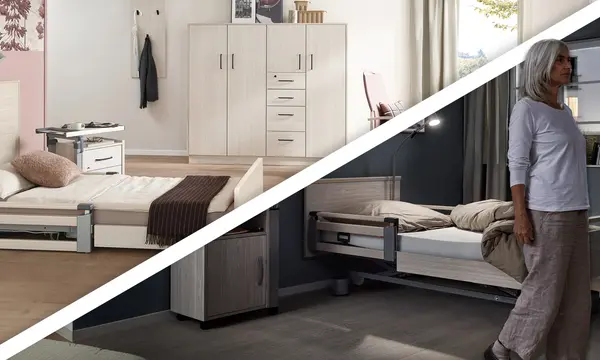 Zwei modern eingerichtete Pflegeheimzimmer mit wohnlichem Mobiliar links, rechts Out-of-Bed-System zur Unterstützung von Sicherheit und Mobilität.