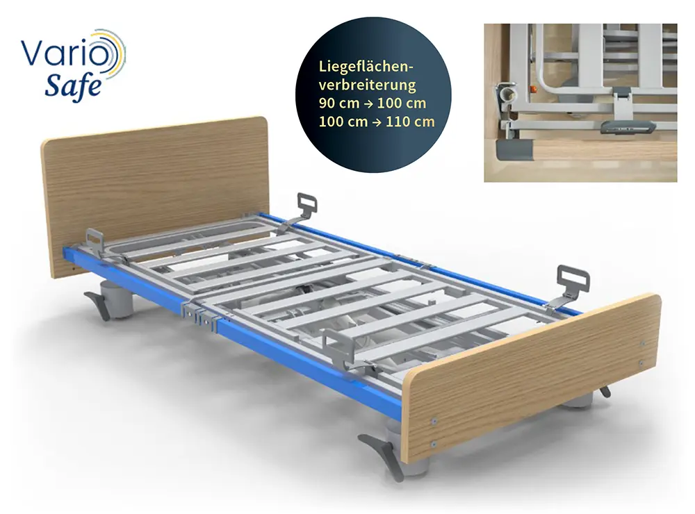 Pflegebett wo die die Liegefläche mit Metallstreben, die Bettverbreiterung in blau hervorgehoben werden.