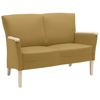 Zweisitzer Sofa Luna mit gelbem Stoff und hellen Holzarmlehnen