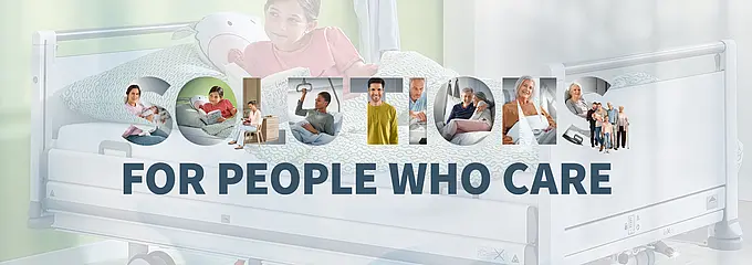 Kampagnenmotiv von Stiegelmeyer mit Kinderkrankenhausbett und Slogan „Solutions for people who care“