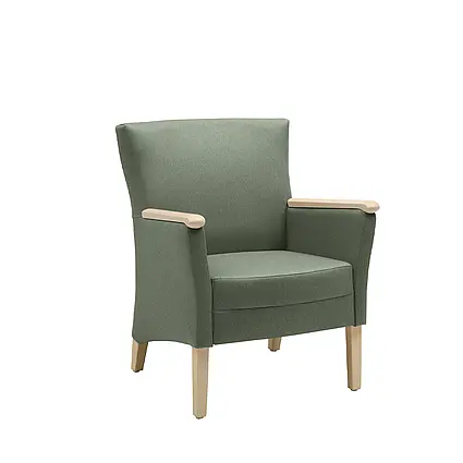 Luna upholstered armchair in green with wooden legs