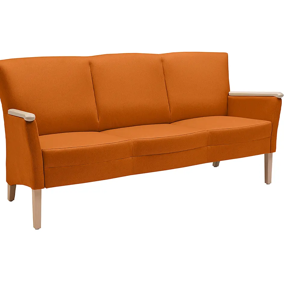 Sofa trzyosobowa Luna z pomarańczową tkaniną i drewnianymi podłokietnikami
