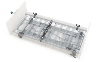 Out-of-bed flex Schaubild, Positionierung der Sensorleiste auf dem Lattenrost und dem Bediengerät am Kopfteil des Pflegebett