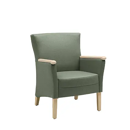 Cadeira de apoio estofada Luna em verde com pés de madeira