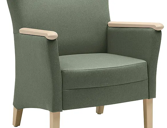 Fauteuil rembourré Luna de couleur verte avec pieds en bois