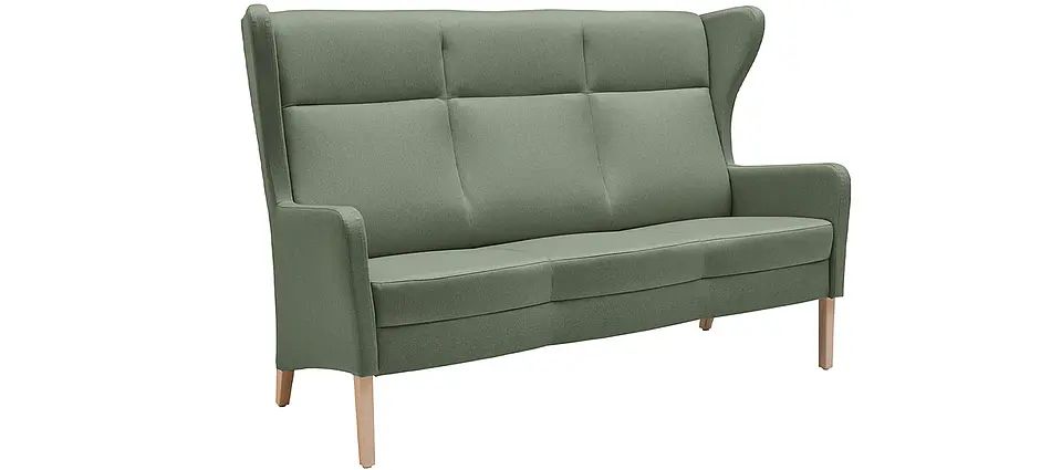 Luna three-seater sofa with high backrest in green fabric