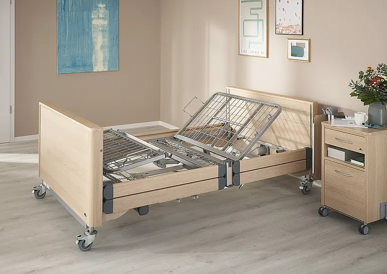 Arena heavy-duty care bed with adjustable metal mattress base and raised backrest.