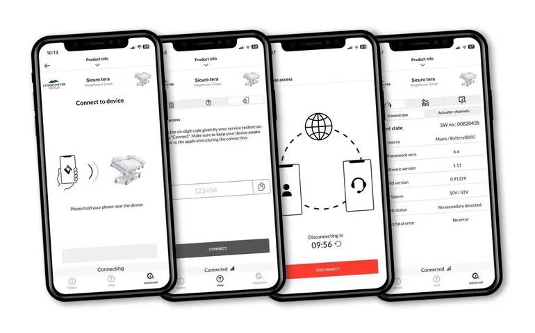 Vier Screenshots aus der OneConnet-App von Stiegelmeyer