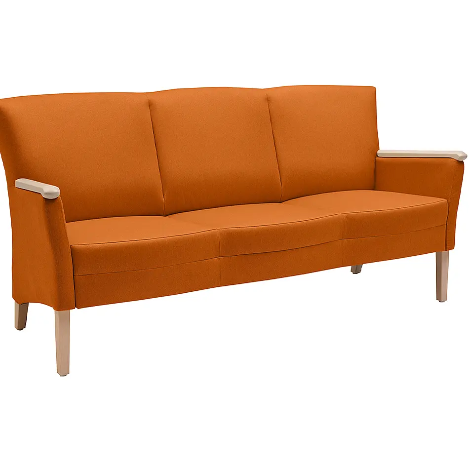 Luna three-seater sofa with orange fabric and wooden armrests
