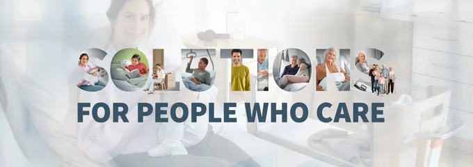 Imagen de una madre y su recién nacido en una cama de hospital, junto con el lema "Solutions for people who care", que representa las soluciones del Grupo Stiegelmeyer para el sector sanitario.