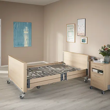 Arena heavy-duty care bed with sturdy metal mattress base.